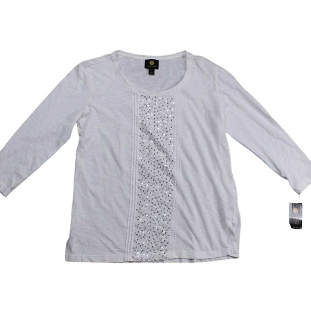 JM Collection Sequined White T-Shirt‎ Round Neck Long Sleeve Top Small Petite